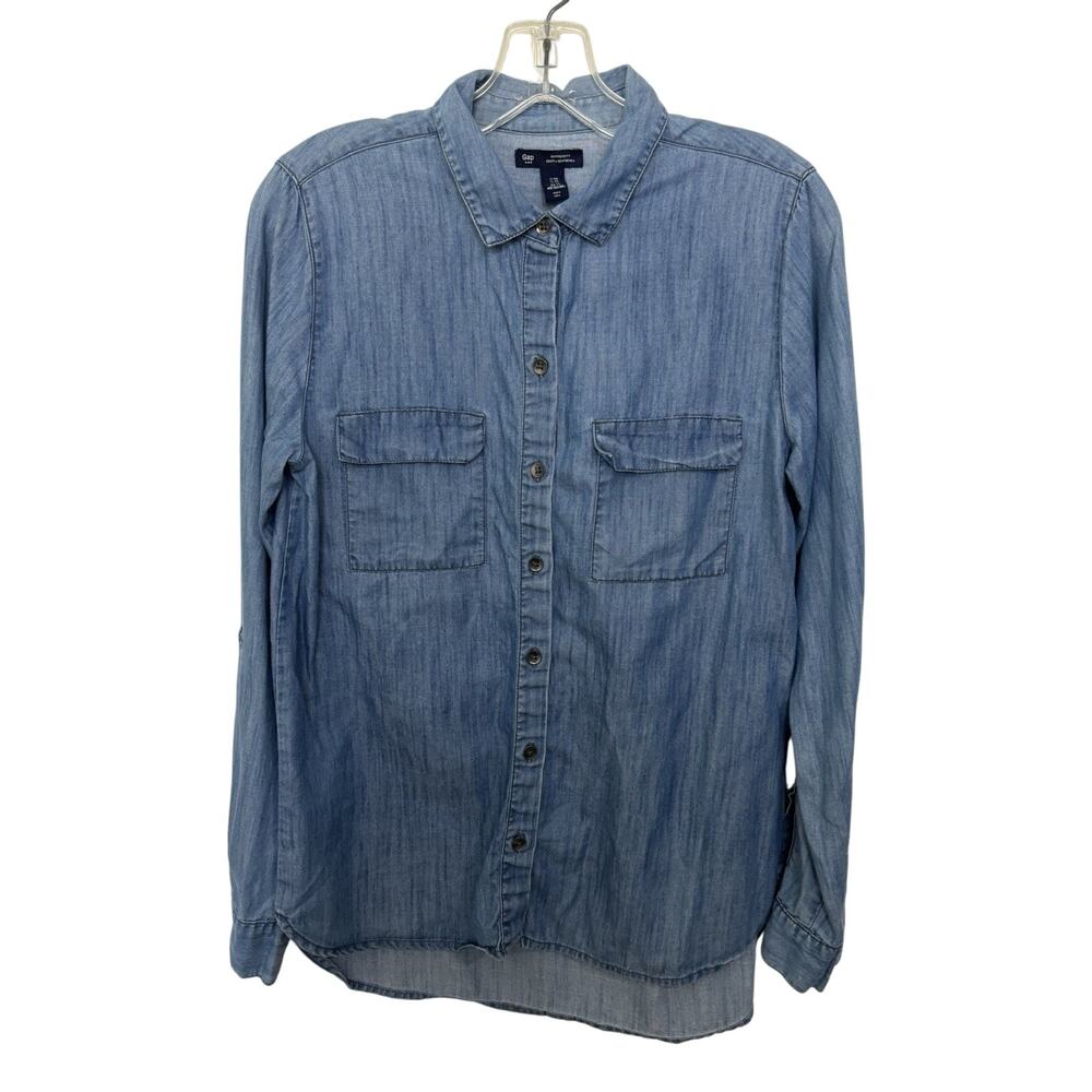 Western Cowgirl Chambray Button Up XS Rodeo Roll Tab Pockets Denim Shirt